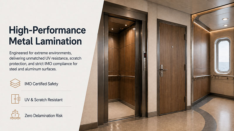 High-performance Yongfeng PVC film for metal and marine lamination, offering exceptional UV resistance, scratch protection, and strict IMO compliance for steel doors and elevator cabins.