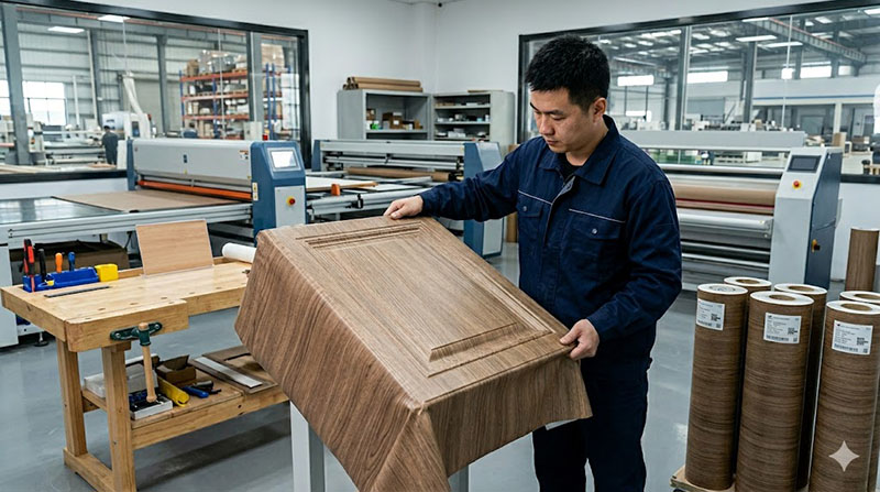 Factory demonstration of Yongfeng wood grain PVC film with superior elasticity and shrinkage control, ensuring perfect lamination and no edge cracking on deep-routed cabinet doors.