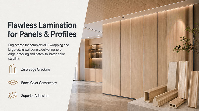 Yongfeng PVC lamination film designed for MDF profile wrapping and wall panels, featuring zero edge-cracking and batch color consistency for furniture manufacturers.